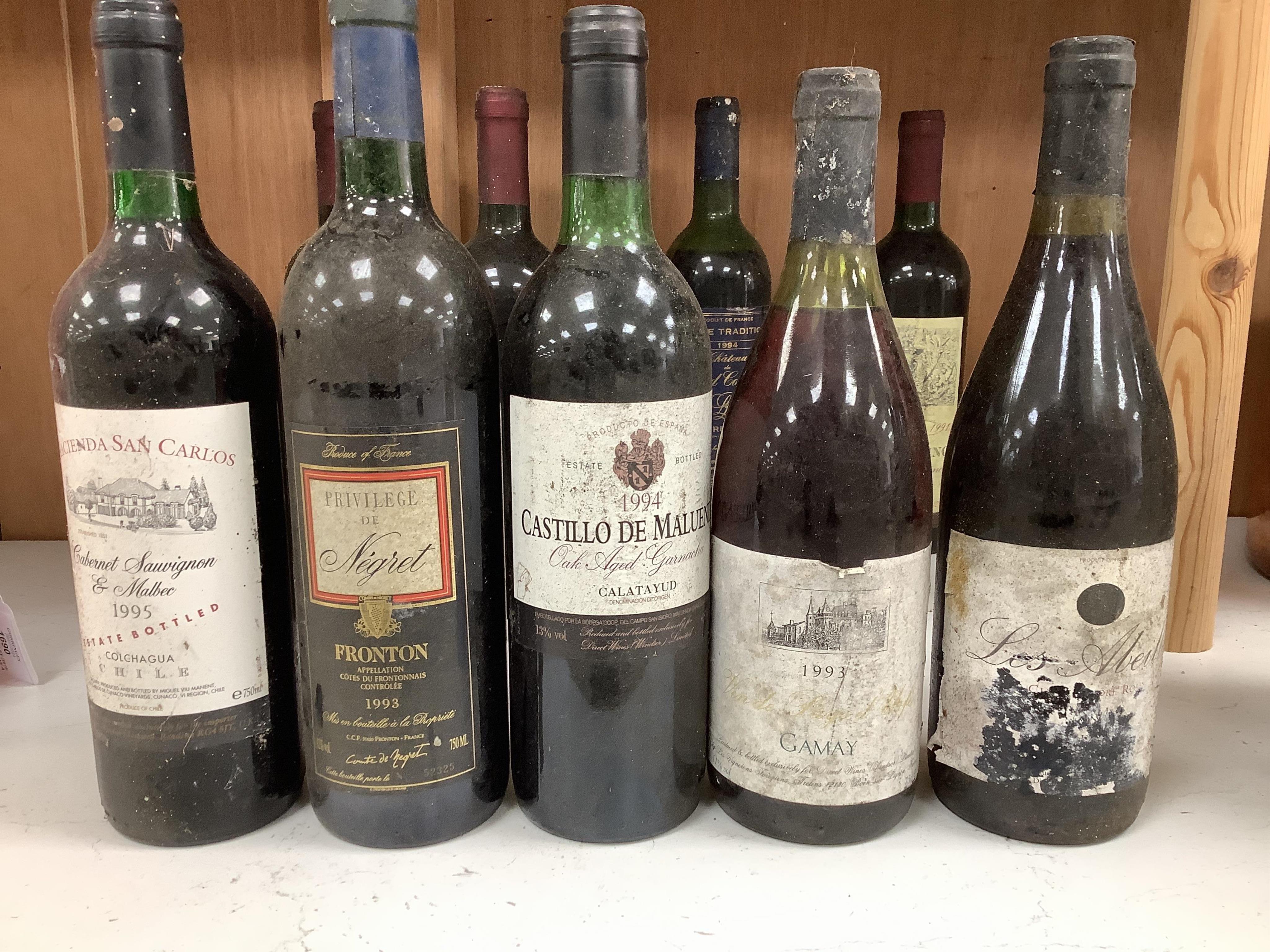 Fifteen various bottles of red wine to include Bourgogne Hautes Cotes de Beaune 1992, Castillo De Maluenda 1994, Hacienda San Carlos Cabernet Sauvignon & Malbec 1995 etc. Condition - externally poor, storage unknown